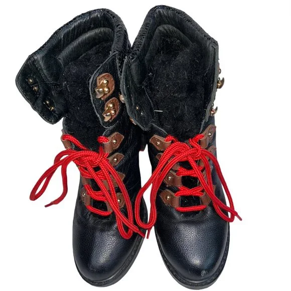 aldo black pony calf hair red lace worn Heeled Hiking Ski Bunny boots 9.5 - Picture 7 of 12